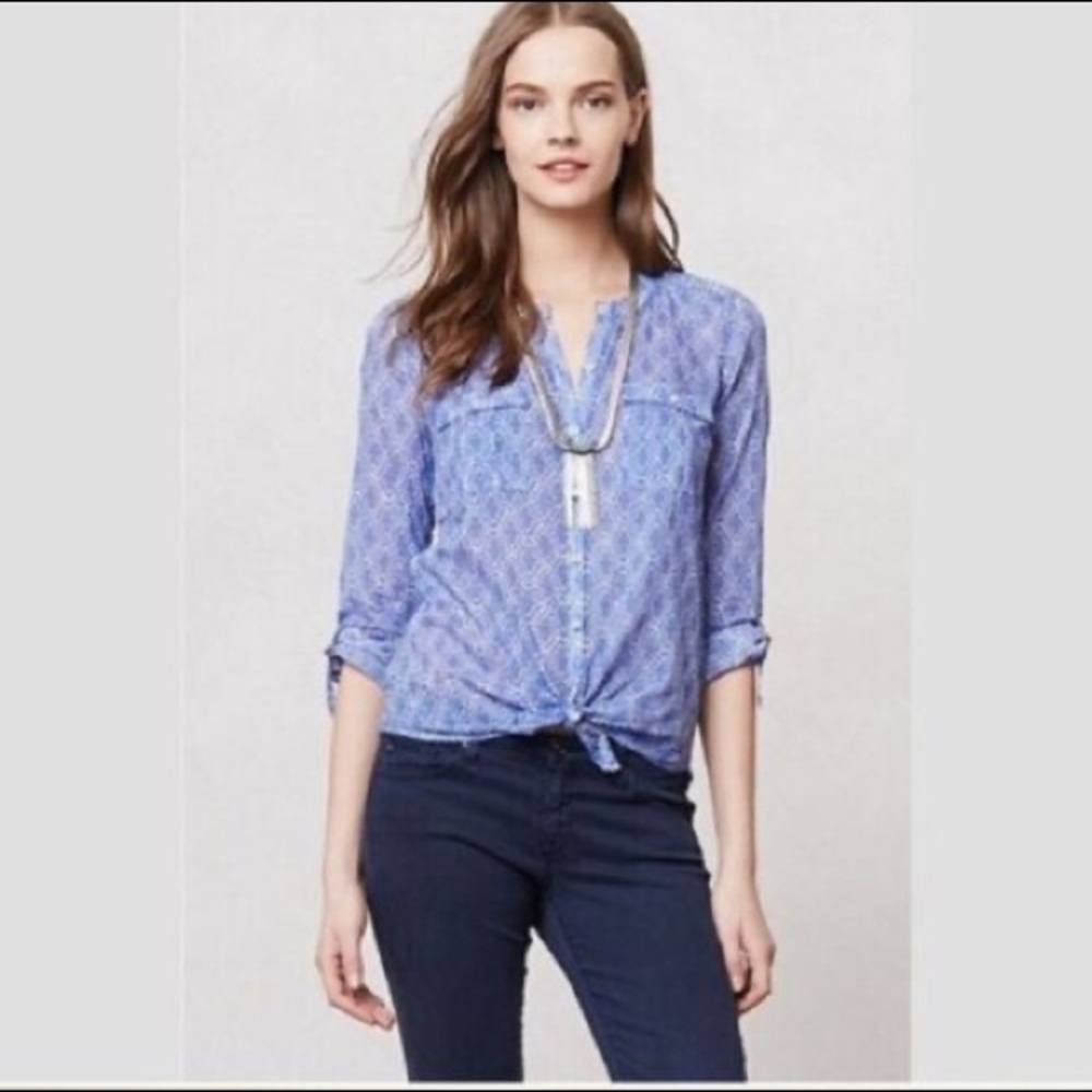 Anthropologie Holding Horses Zellige Blue Geometric Button Down Blouse 10